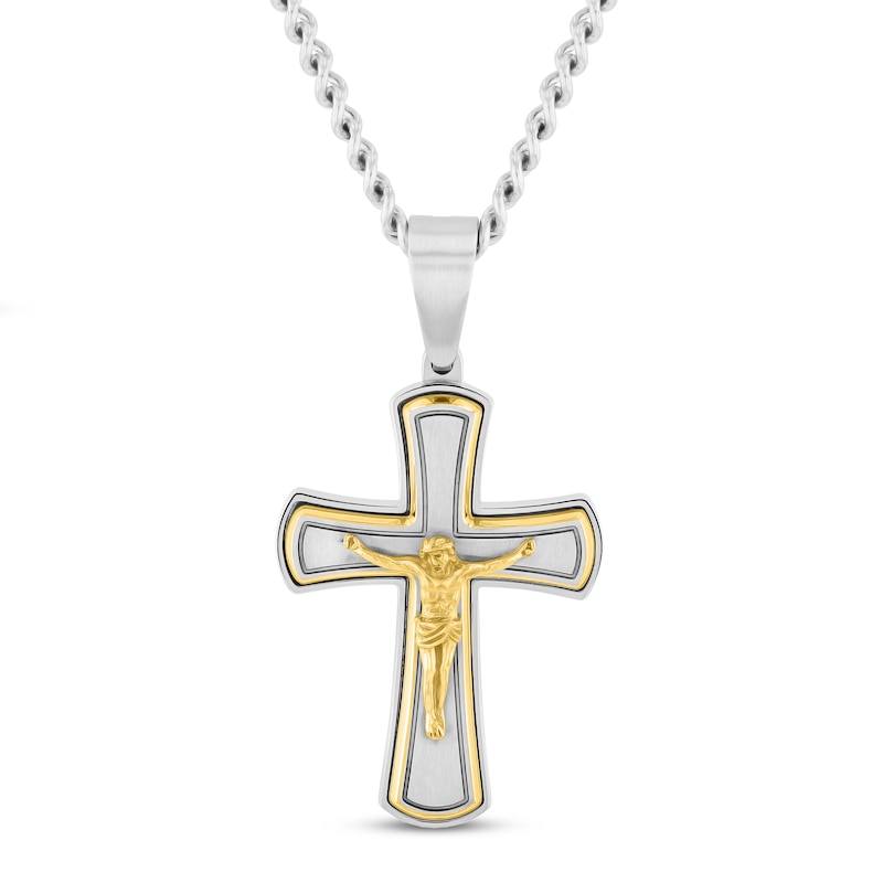 Men's Crucifix Pendant Stainless Steel & Yellow Ion Plating 24"