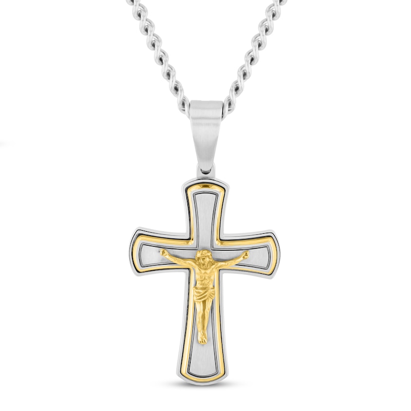 Main Image 1 of Men's Crucifix Pendant Stainless Steel & Yellow Ion Plating 24&quot;