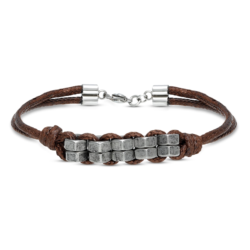 Main Image 1 of Men's Brown Leather Bracelet Stainless Steel 8.25"