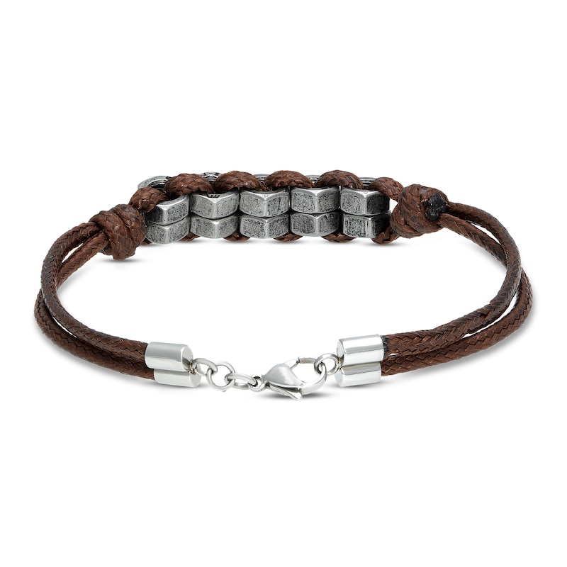 Main Image 3 of Men's Brown Leather Bracelet Stainless Steel 8.25"