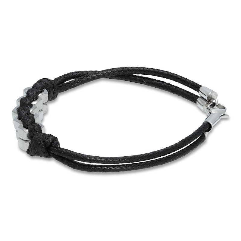 Main Image 2 of Men's Black Leather Bracelet Stainless Steel 8.25"