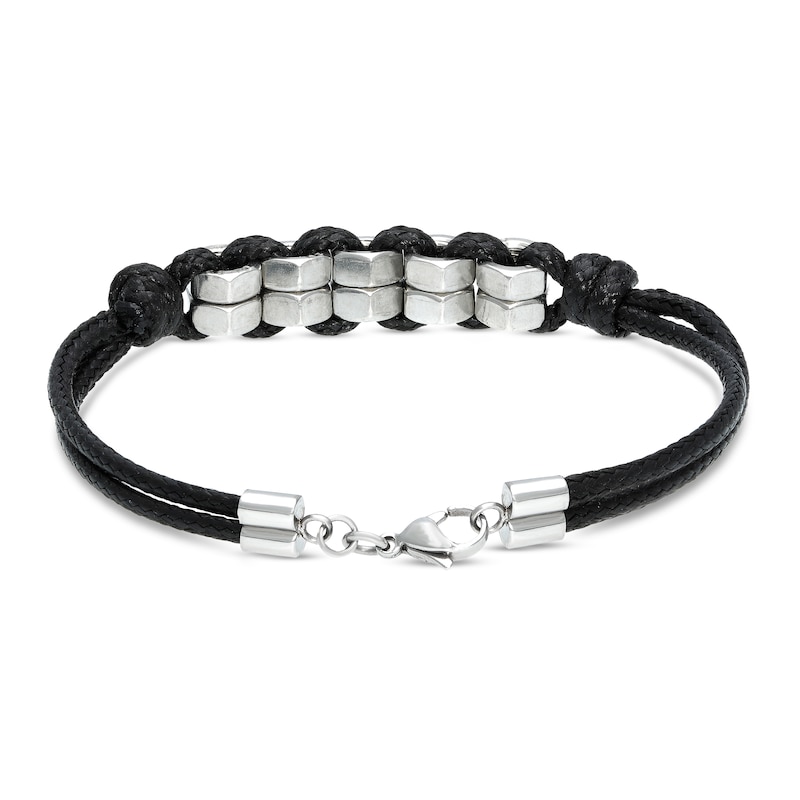Main Image 3 of Men's Black Leather Bracelet Stainless Steel 8.25"
