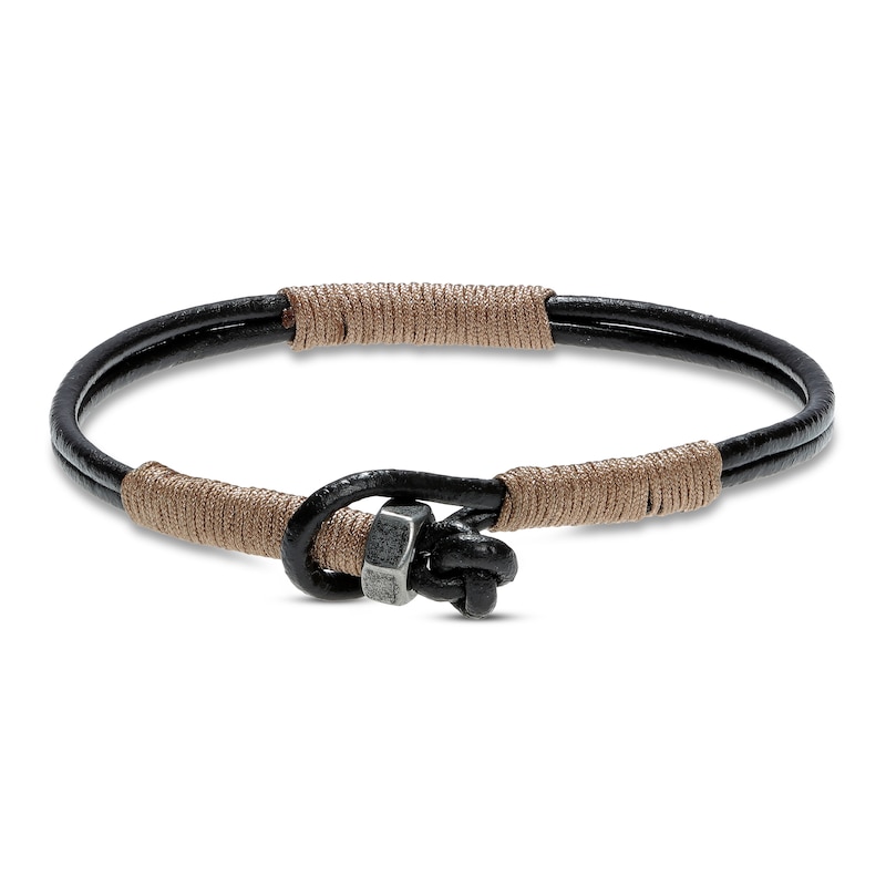 Main Image 2 of Men's Black Leather Bracelet Stainless Steel 8.5&quot;