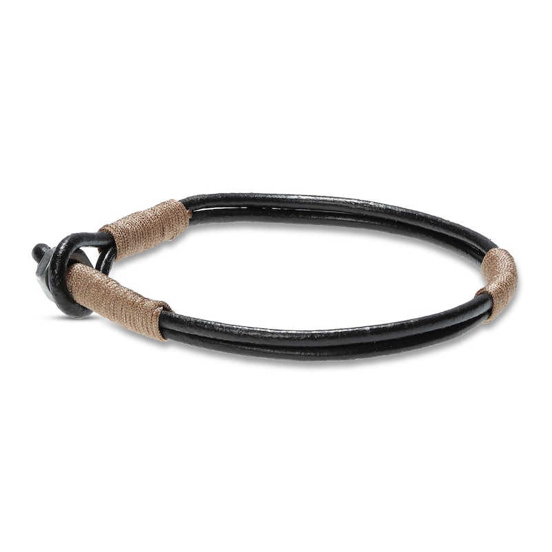 Main Image 3 of Men's Black Leather Bracelet Stainless Steel 8.5&quot;