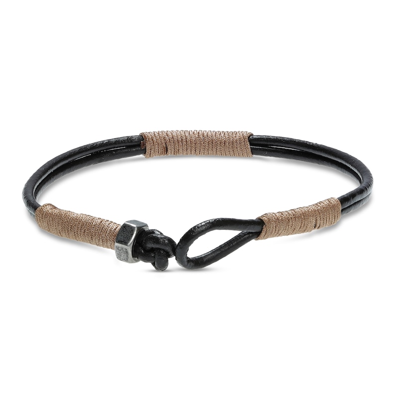 Men's Black Leather Bracelet Stainless Steel 8.5"