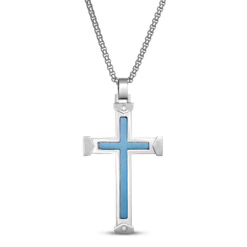 Men's Cross Necklace Diamond Accents Stainless Steel 24"