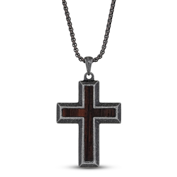 Men's Black Wooden Cross Pendant Necklace Stainless Steel 24