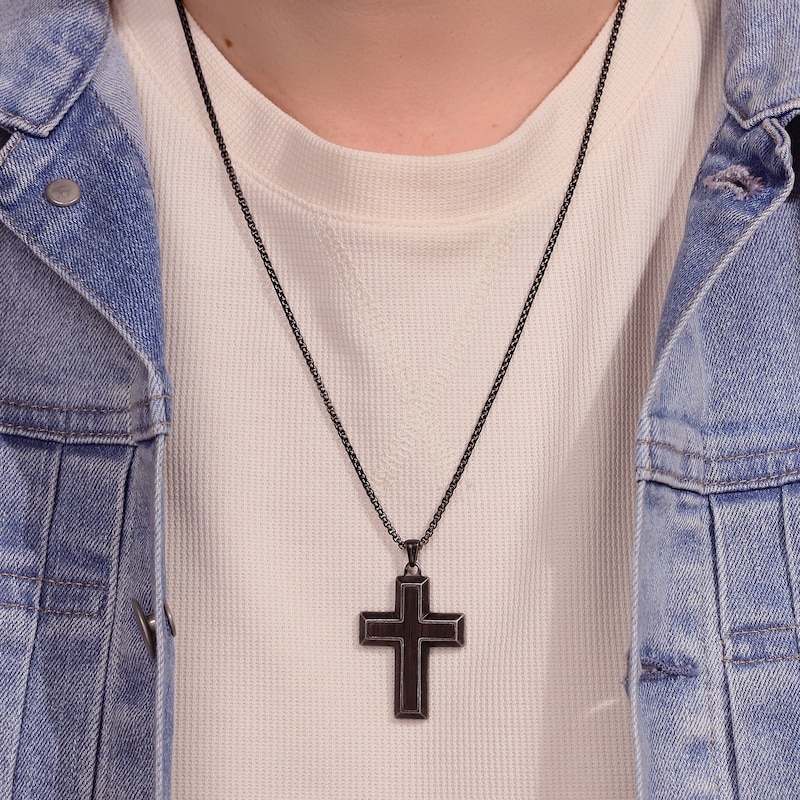 Main Image 3 of Men's Cross Necklace Black Ion Plating Stainless Steel 24&quot;