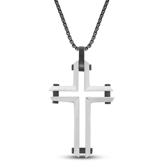 Men's Cross Necklace Black Ion Plating Stainless Steel 24"