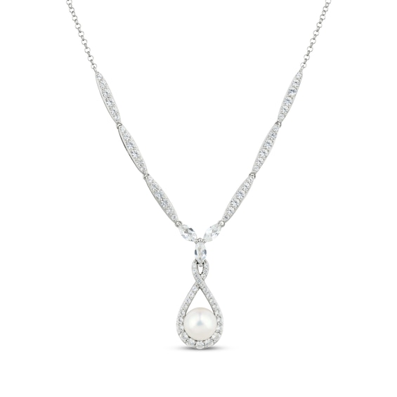 Cultured Pearl & White Lab-Created Sapphire Drop Necklace Sterling Silver 18"