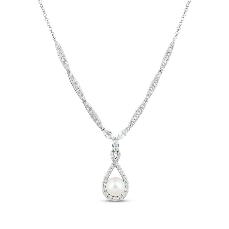 Main Image 1 of Cultured Pearl & White Lab-Created Sapphire Drop Necklace Sterling Silver 18&quot;