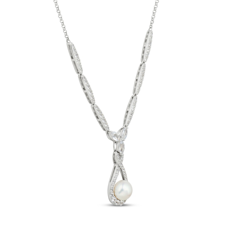 Main Image 2 of Cultured Pearl & White Lab-Created Sapphire Drop Necklace Sterling Silver 18&quot;