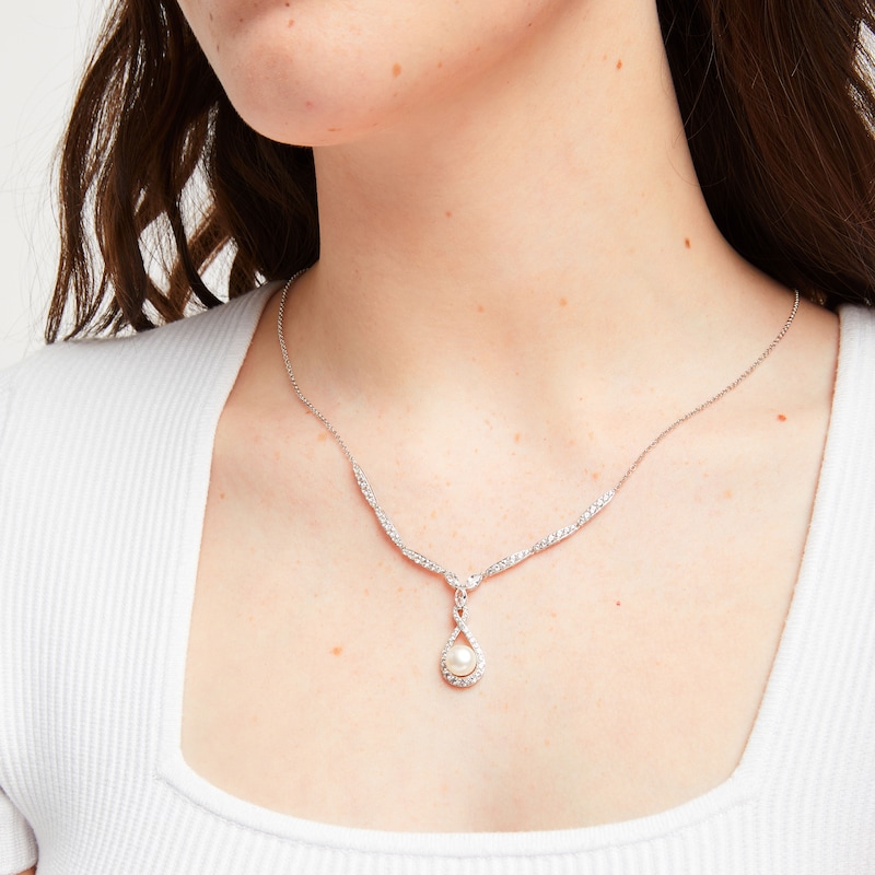 Main Image 6 of Cultured Pearl & White Lab-Created Sapphire Drop Necklace Sterling Silver 18&quot;