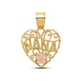 "Nana" Flower Heart Charm 10K Two-Tone Gold