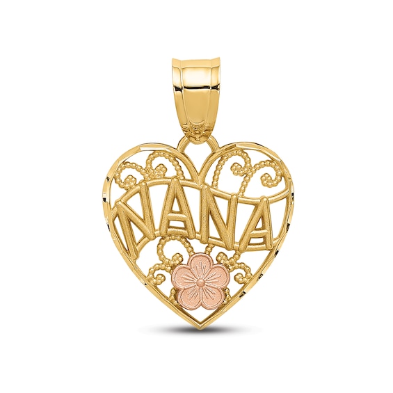 "Nana" Flower Heart Charm 10K Two-Tone Gold