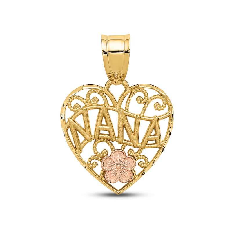 "Nana" Flower Heart Charm 10K Two-Tone Gold