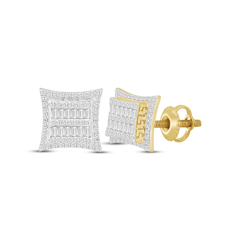Main Image 1 of Men's Baguette & Round-Cut Multi-Diamond Greek Key Accent Stud Earrings 1/2 ct tw 10K Yellow Gold