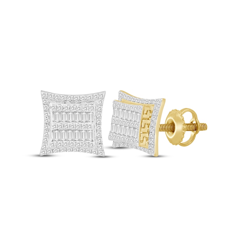 Men's Baguette & Round-Cut Multi-Diamond Greek Key Accent Stud Earrings 1/2 ct tw 10K Yellow Gold