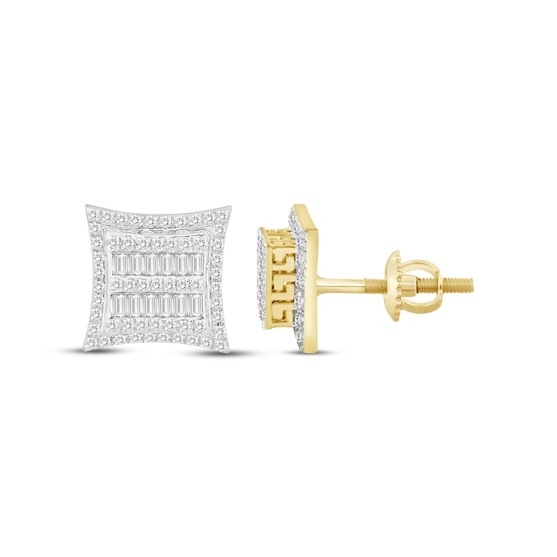 Main Image 3 of Men's Baguette & Round-Cut Multi-Diamond Greek Key Accent Stud Earrings 1/2 ct tw 10K Yellow Gold