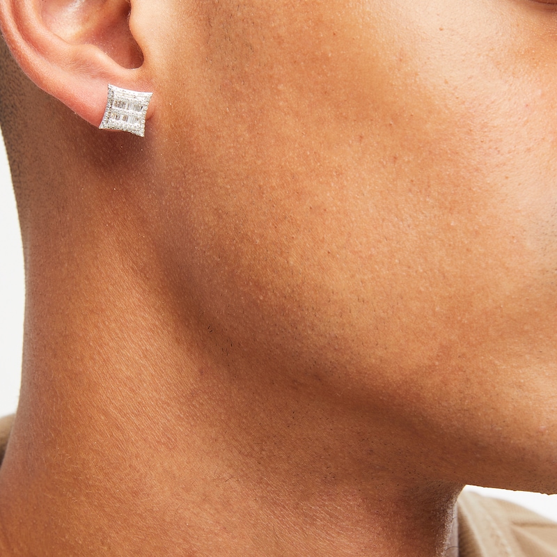 Men's Baguette & Round-Cut Multi-Diamond Greek Key Accent Stud Earrings 1/2 ct tw 10K Yellow Gold