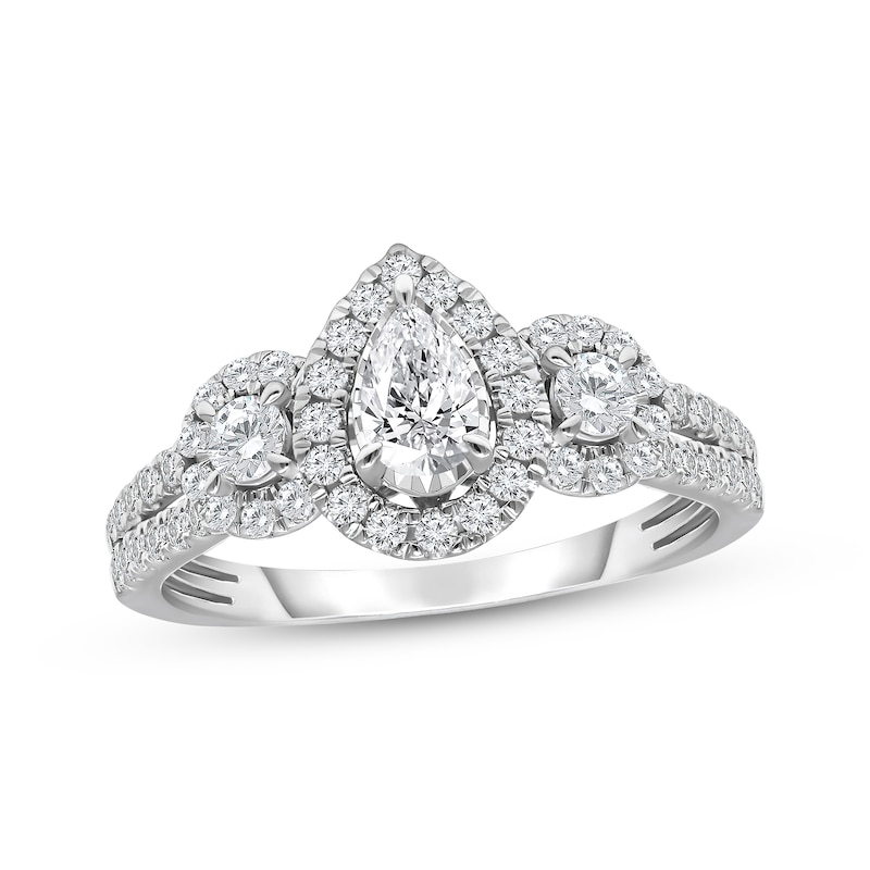 Pear-Shaped & Round-Cut Diamond Three-Stone Engagement Ring 1 ct tw 14K White Gold with 360