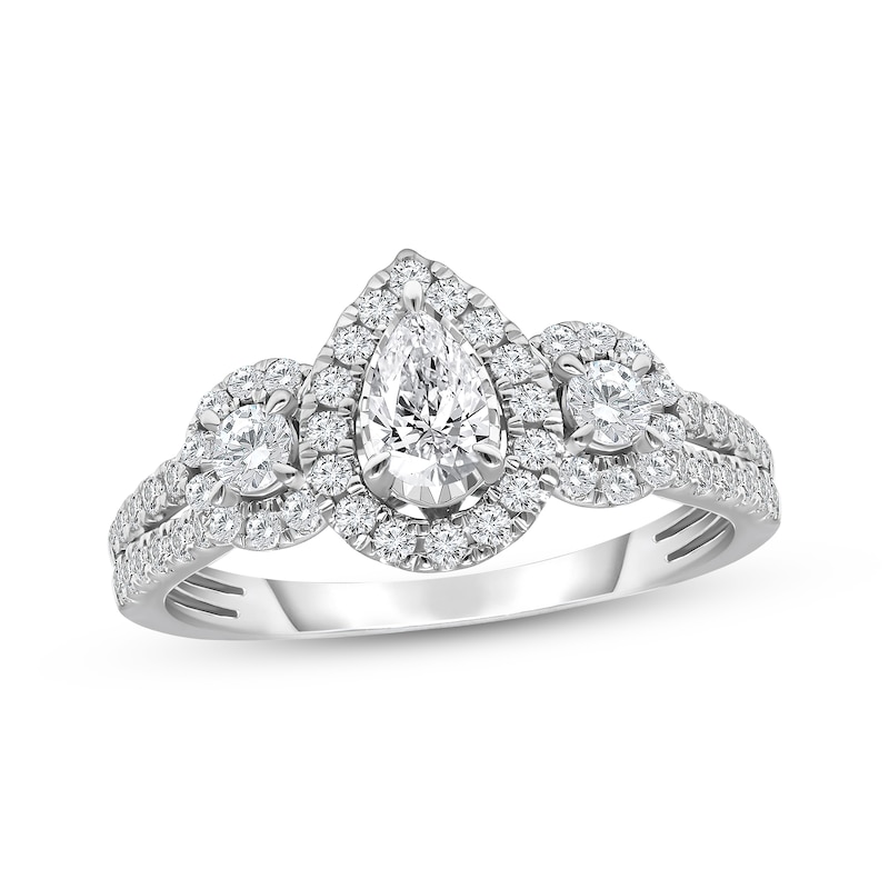 Pear-Shaped & Round-Cut Diamond Three-Stone Engagement Ring 1 ct tw 14K White Gold