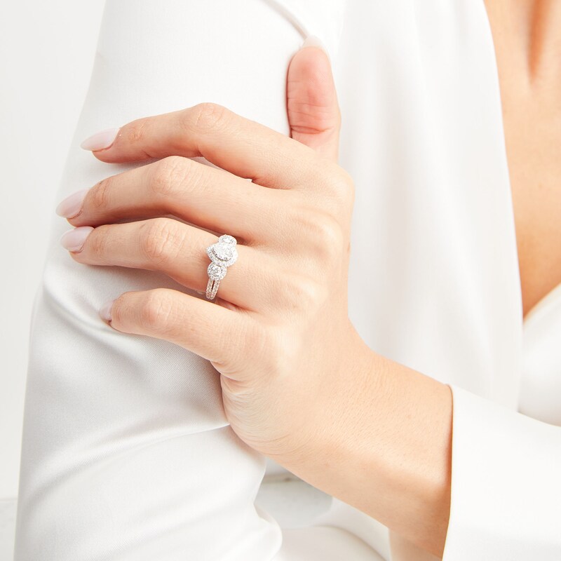 Pear-Shaped & Round-Cut Diamond Three-Stone Engagement Ring 1 ct tw 14K White Gold