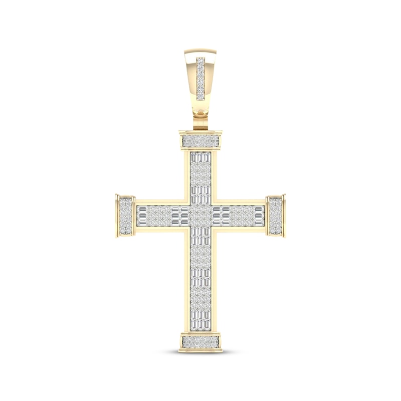 Main Image 1 of Men's Baguette & Round-Cut Diamond Cross Charm 3/4 ct tw 10K Yellow Gold