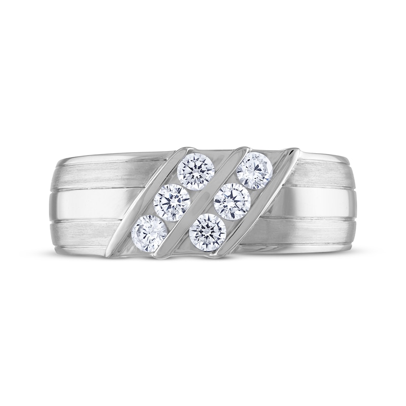 Main Image 3 of Men's THE LEO Diamond Round-Cut Diagonal Wedding Band 5/8 ct tw 14K White Gold