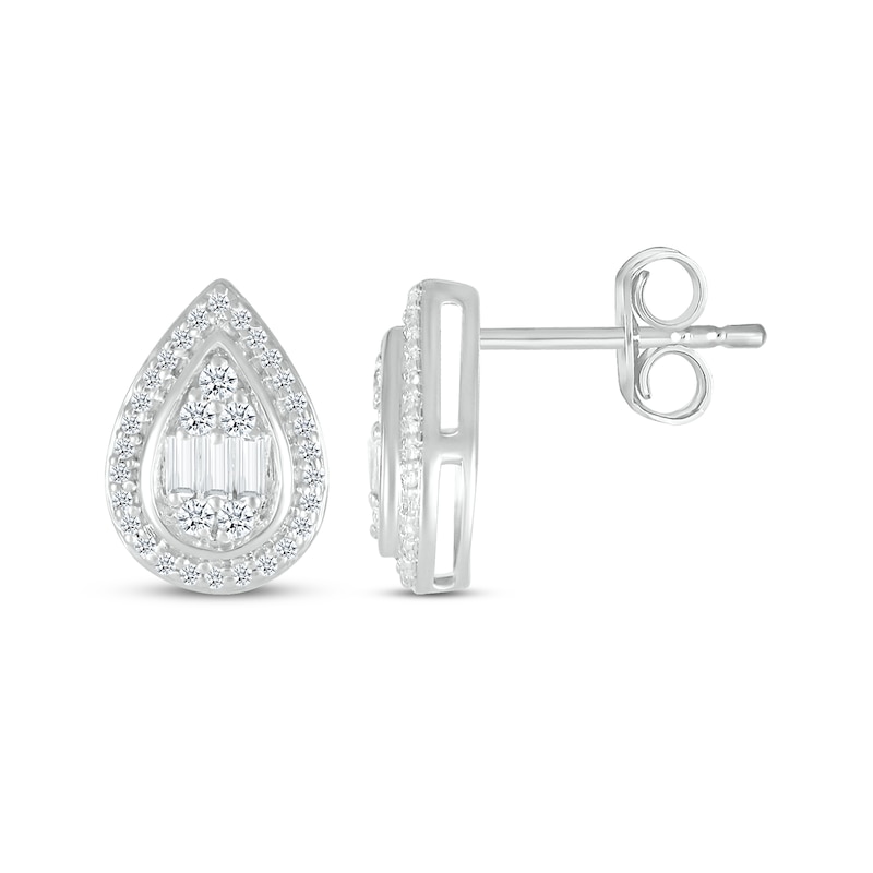 Main Image 3 of Baguette & Round-Cut Diamond Teardrop Stud Earrings 1/4 ct tw Sterling Silver