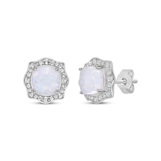 Cushion-Cut Lab-Created Opal & White Lab-Created Sapphire Arabesque Earrings Sterling Silver