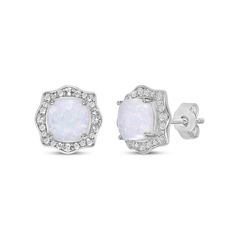 Main Image 1 of Cushion-Cut Lab-Created Opal & White Lab-Created Sapphire Arabesque Earrings Sterling Silver