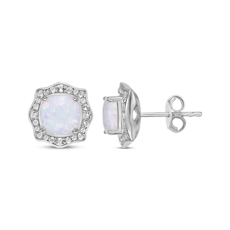 Cushion-Cut Lab-Created Opal & White Lab-Created Sapphire Arabesque Earrings Sterling Silver