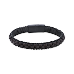 Men's Brown Leather Woven Bracelet Black Ion-Plated Stainless Steel 8.5"