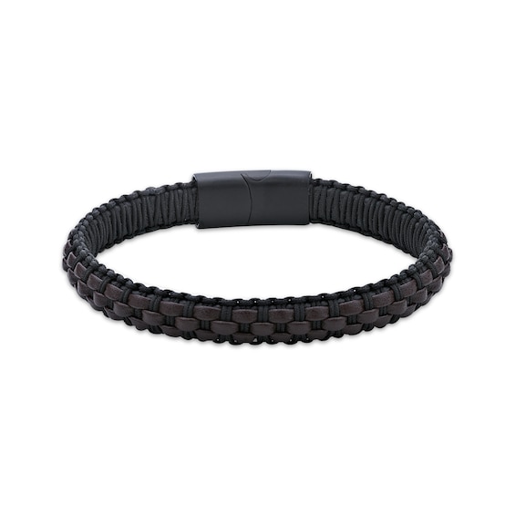 Men's Brown Leather Woven Bracelet Black Ion-Plated Stainless Steel 8.5"