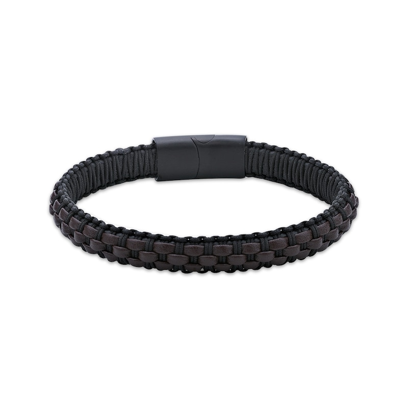 Main Image 1 of Men's Brown Leather Woven Bracelet Black Ion-Plated Stainless Steel 8.5&quot;
