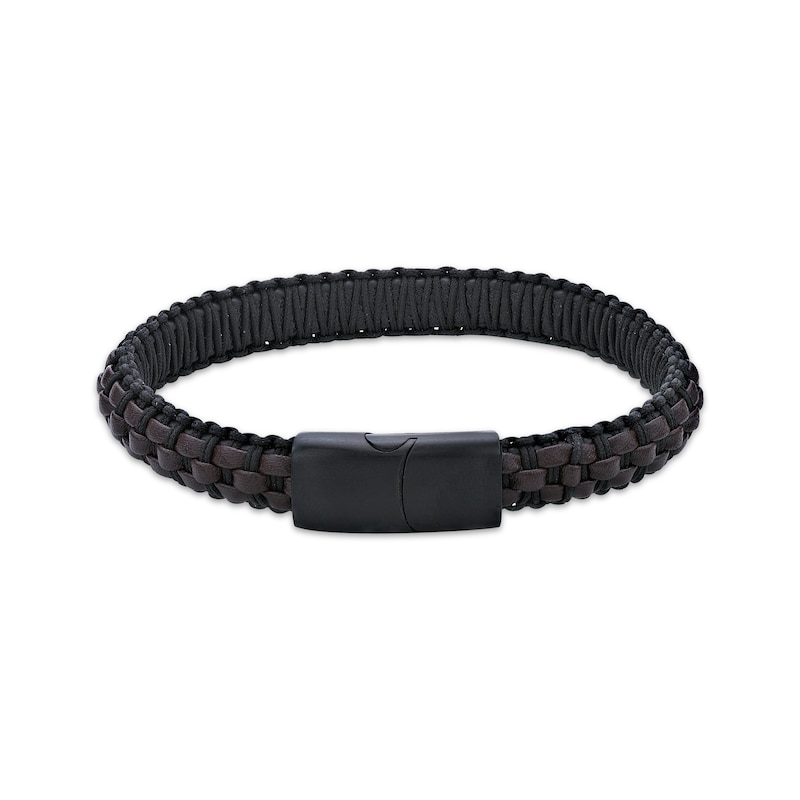 Main Image 2 of Men's Brown Leather Woven Bracelet Black Ion-Plated Stainless Steel 8.5&quot;