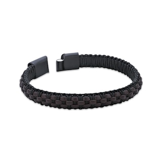 Men's Brown Leather Woven Bracelet Black Ion-Plated Stainless Steel 8.5 ...