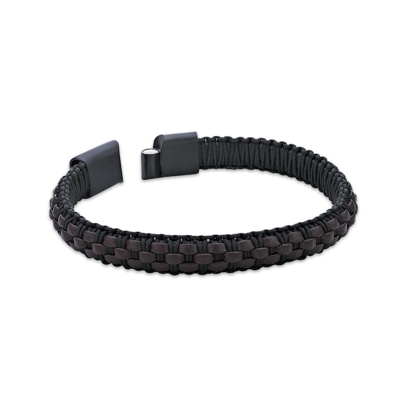 Main Image 3 of Men's Brown Leather Woven Bracelet Black Ion-Plated Stainless Steel 8.5&quot;