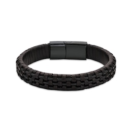 Men's Brown Leather Woven Bracelet Black Ion-Plated Stainless Steel 8.5"