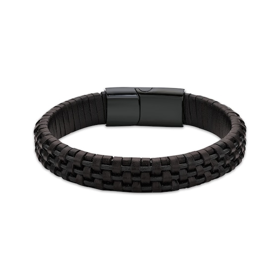 Men's Brown Leather Woven Bracelet Black Ion-Plated Stainless Steel 8.5"