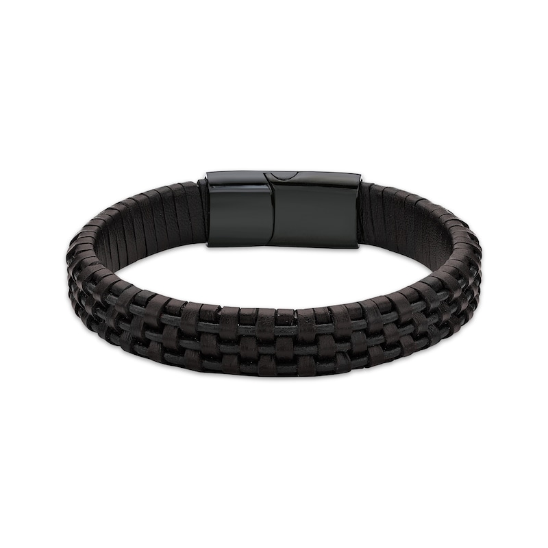 Main Image 1 of Men's Brown Leather Woven Bracelet Black Ion-Plated Stainless Steel 8.5&quot;
