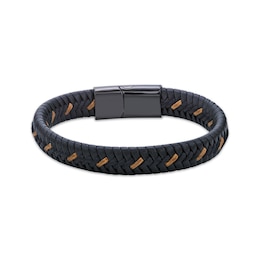 Men's Black & Tan Leather Woven Bracelet Black Ion-Plated Stainless Steel 8.5"