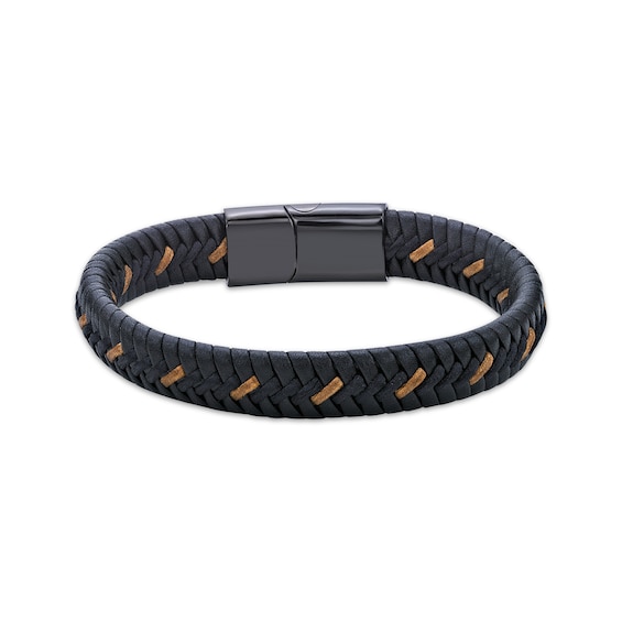 Men's Black & Tan Leather Woven Bracelet Black Ion-Plated Stainless Steel 8.5"