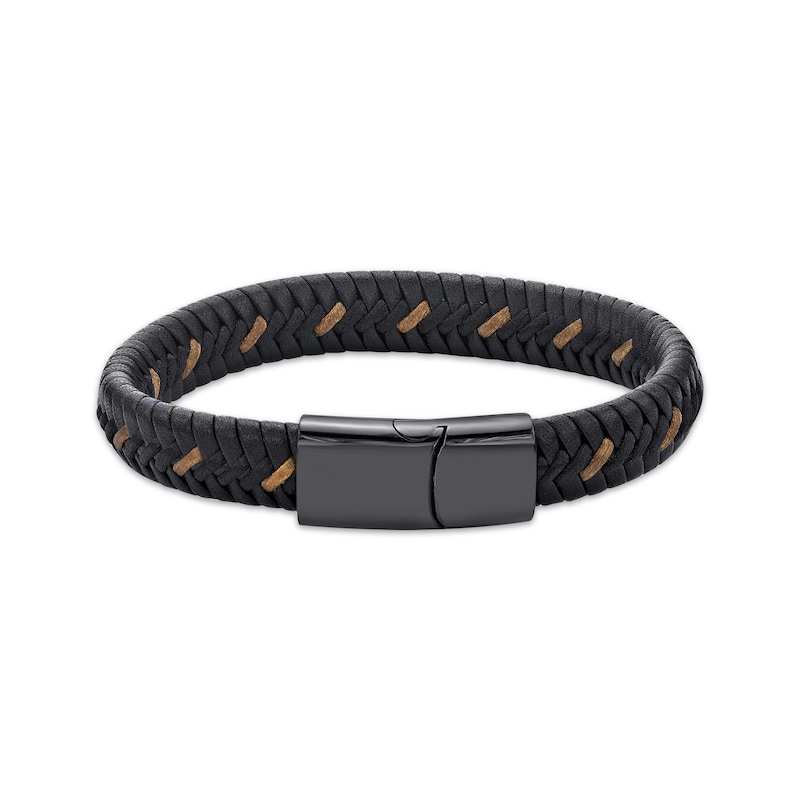 Main Image 2 of Men's Black & Tan Leather Woven Bracelet Black Ion-Plated Stainless Steel 8.5&quot;