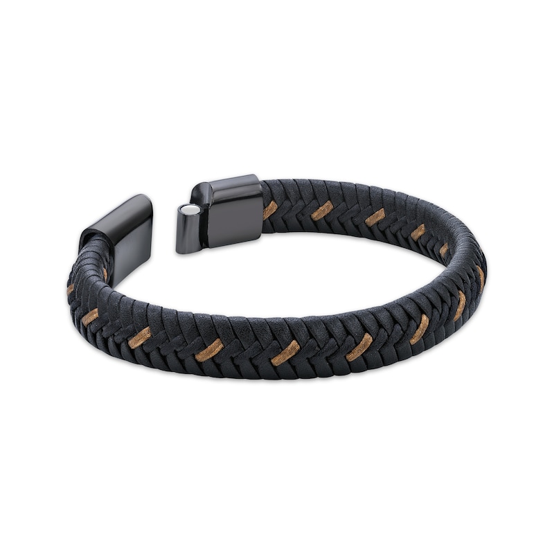 Main Image 3 of Men's Black & Tan Leather Woven Bracelet Black Ion-Plated Stainless Steel 8.5&quot;