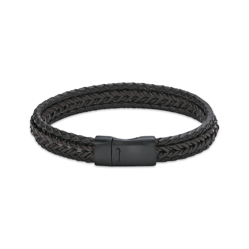 Men's Brown Leather Woven Herringbone Bracelet Black Ion-Plated ...