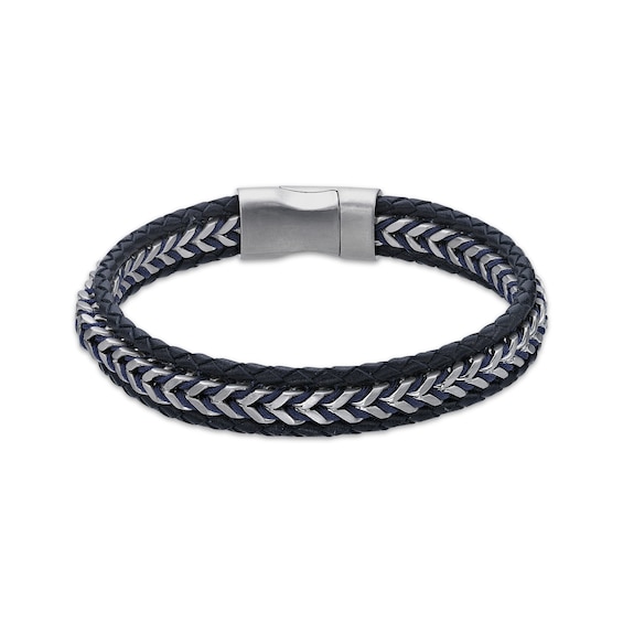 Men's Blue Leather Woven Herringbone Bracelet Stainless Steel 8.5"