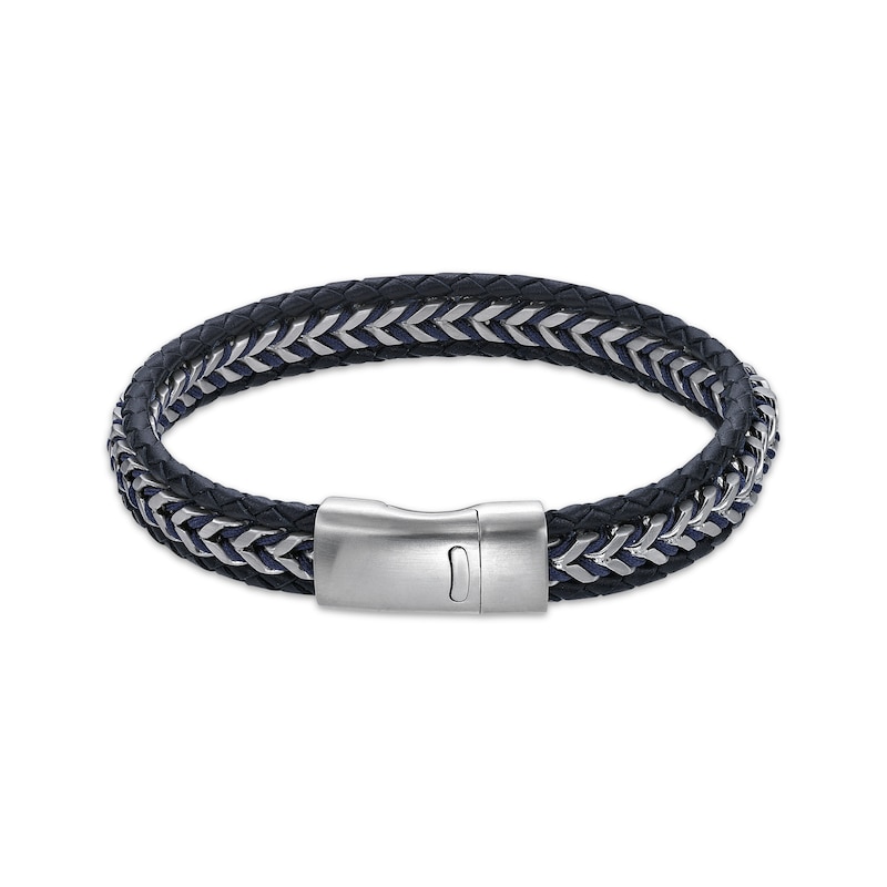 Men's Blue Leather Woven Herringbone Bracelet Stainless Steel 8.5