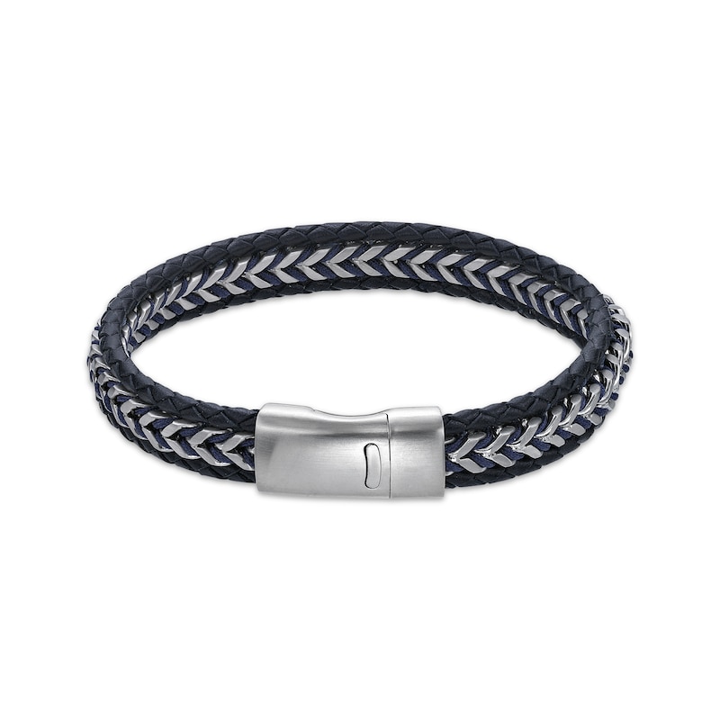 Main Image 2 of Men's Blue Leather Woven Herringbone Bracelet Stainless Steel 8.5&quot;